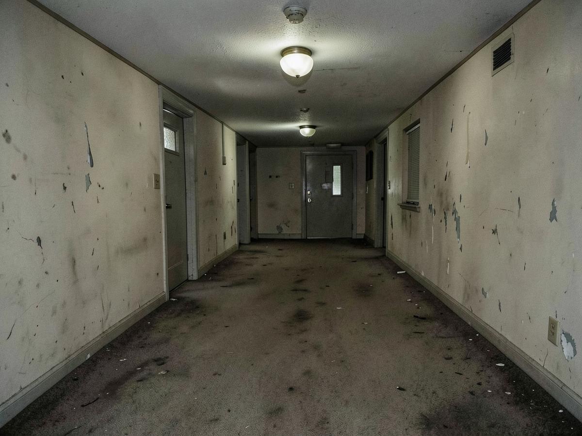 Dated condominium lobby corridor before renovation with worn carpet, scuffed walls and dim lighting